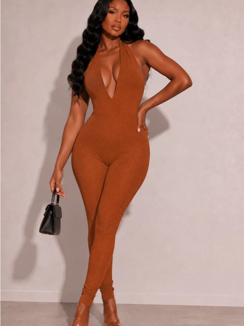 Ribbed Halter Jumpsuit in Rust Brown